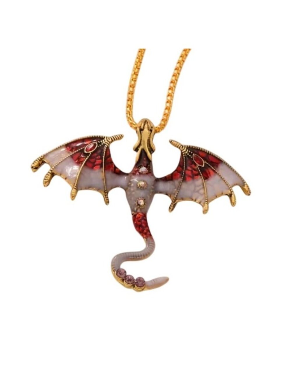 Red & Pink Enamel Dragon Pendant Necklace gold Tone